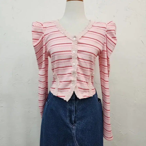 [BUNJANG] Pink Stripe Puff Sleeve Cardigan / 핑크 스트라이프 퍼프 소매 가디건