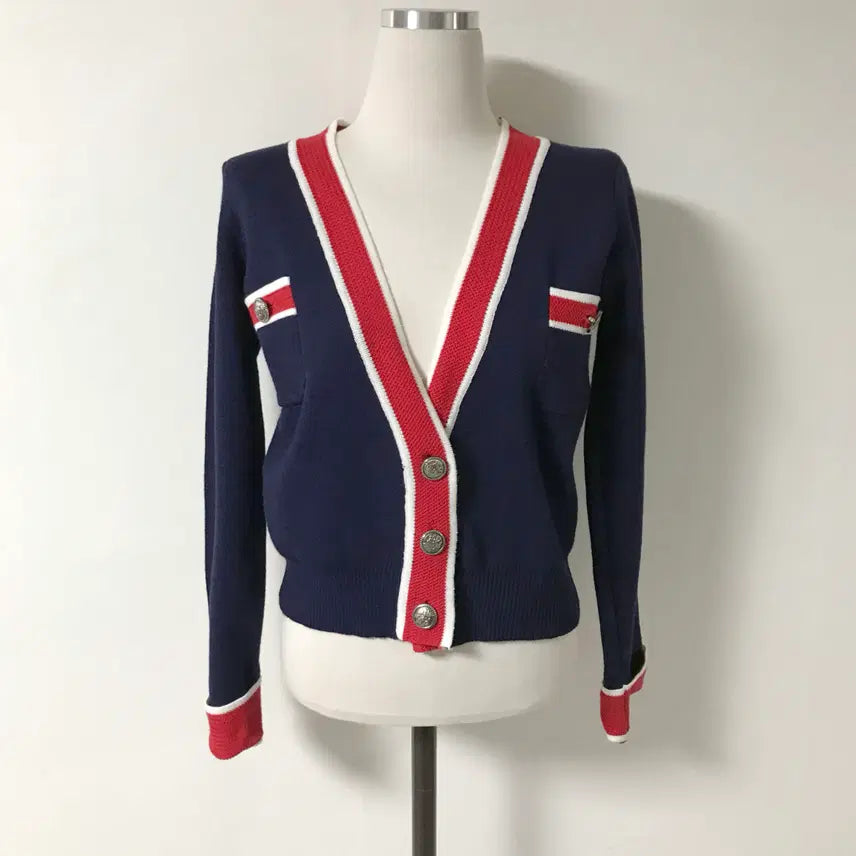 [BUNJANG] Hoho Store Navy Short Cardigan with Red Point - Size F / 여성 포켓네이비숏가디건F호호상점