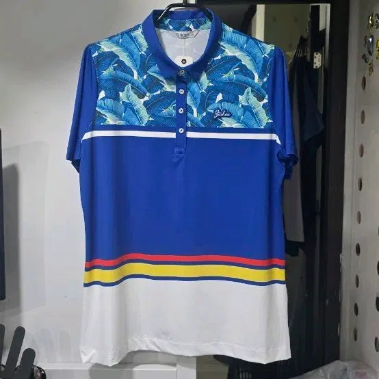 [BUNJANG] ZISEN Men's Short Sleeve T-Shirt - Blue Tropical Leaf Pattern - Size 100 / 013) 100사이즈 ZISEN 시원한 여름 반팔티