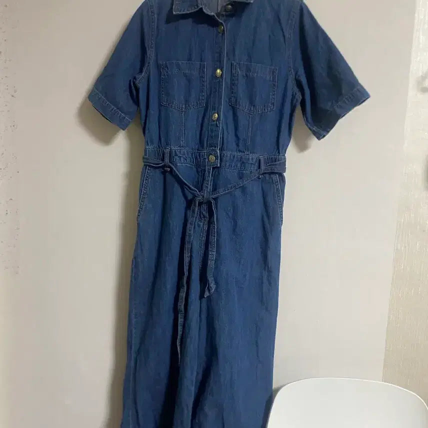 [BUNJANG] Dark Blue Short Sleeve Jumpsuit (Size 55-66) / 진청 반팔 점프슈트 55-66