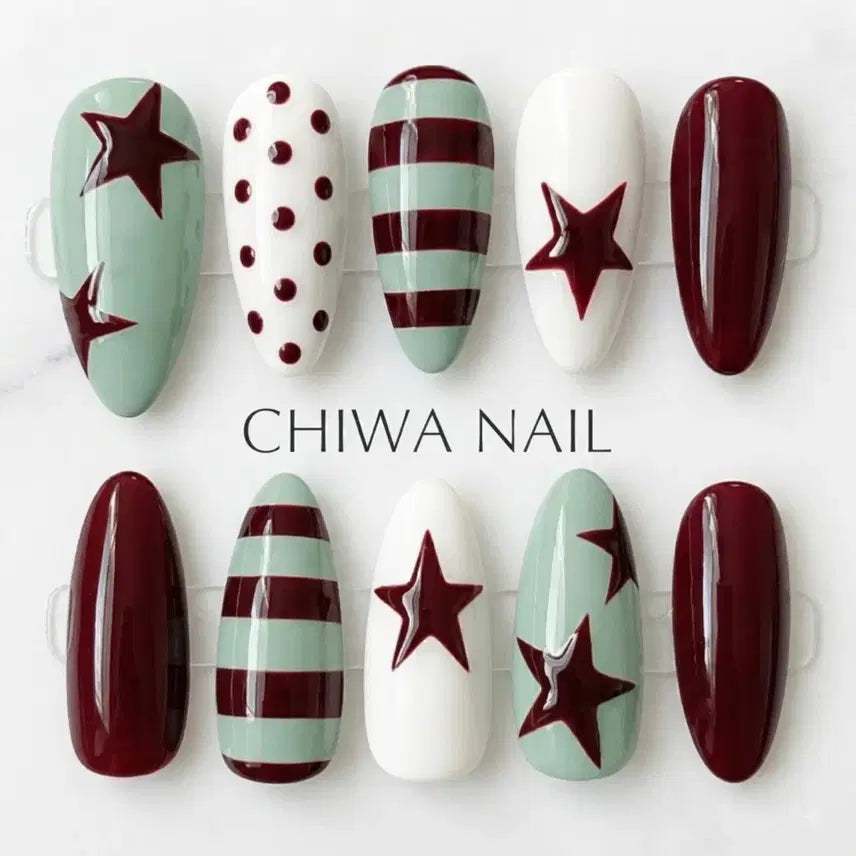 [BUNJANG] Custom Striped Star Dot Handmade Nail Tips / 주문제작 스트라이프 스타 도트 수제 네일팁