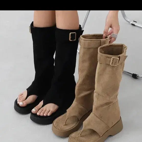 [BUNJANG] Platform Ankle Sandals (Beige, 240) / 스웨이드 쪼리 워머 통굽 샌들 샌달 쪼리샌들 플랫폼 앵클 롱 신발 240 베이지