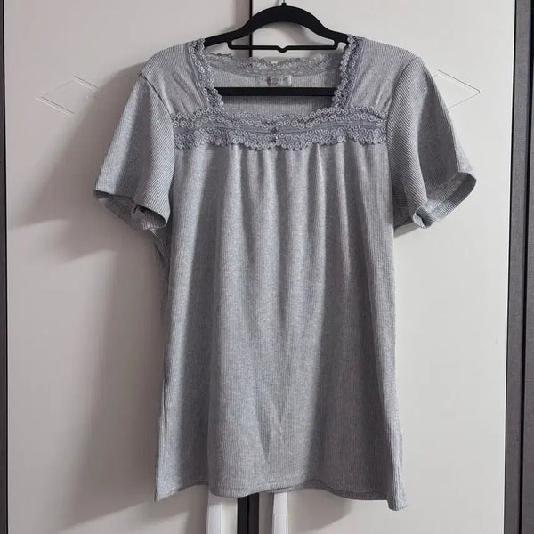 [BUNJANG] THEORIA Lace Square Neck Short Sleeve Top / (택포) THEORIA 레이스 스퀘어넥 반팔