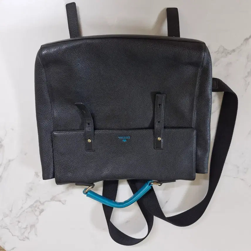 [BUNJANG] J.ESTINA Leather Backpack (Black with Blue Accents) / 제이에스티나 가죽 백팩 (블루 포인트 / 상태 양호)