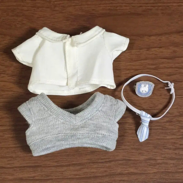 [BUNJANG] 10cm Doll Clothes Set - School Uniform Rabbit Grey Shirt, Vest, Tie, Badge / 솜인형 옷장 10cm 교복 토끼 회색 셔츠 조끼 넥타이 뱃지