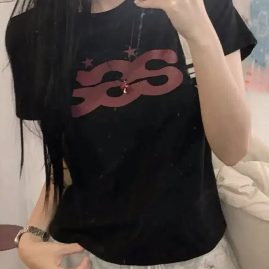 [BUNJANG] SSS Lettering Loose Fit Short Sleeve T-Shirt Black / 에이블리 SSS 레터링 말라핏 반팔티 블랙