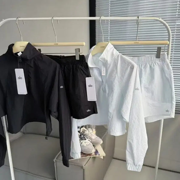 [BUNJANG] ALO Set-up Windbreaker + Short Pants Set / [새상품] 알로 셋업 바람막이+숏팬츠 세트[화이트/블랙]
