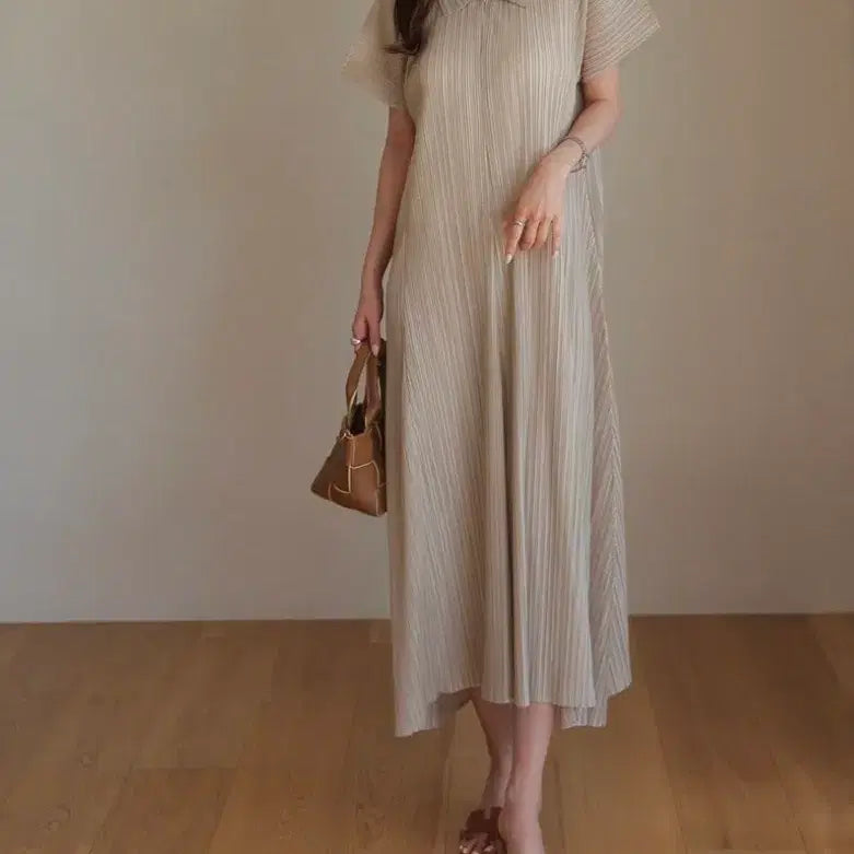 [BUNJANG] Collar Zip-Up Pleats Long Dress / 카라 집업 플리츠 롱원피스