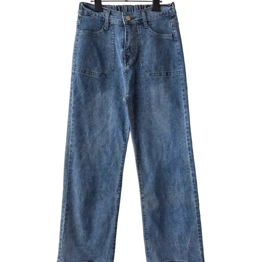 [BUNJANG] Wide Leg Denim Pants with Back Elastic and Pockets / F/ 뒷밴딩 주머니 와이드 데님팬츠