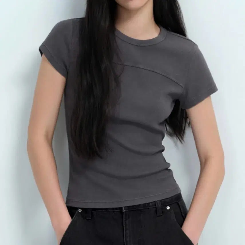 [BUNJANG] Musinsa Standard Women's Ribbed Pigment Slim T-Shirt - Charcoal, XL / 무신사 차콜 골지티