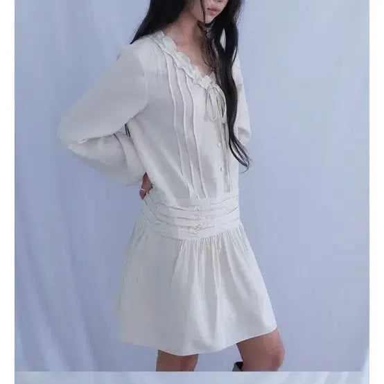 [BUNJANG] Auro Ribbon Shearling Dress Cream / 아우로 리본 시어링 원피스 크림 / 더티스 쓰리타임즈