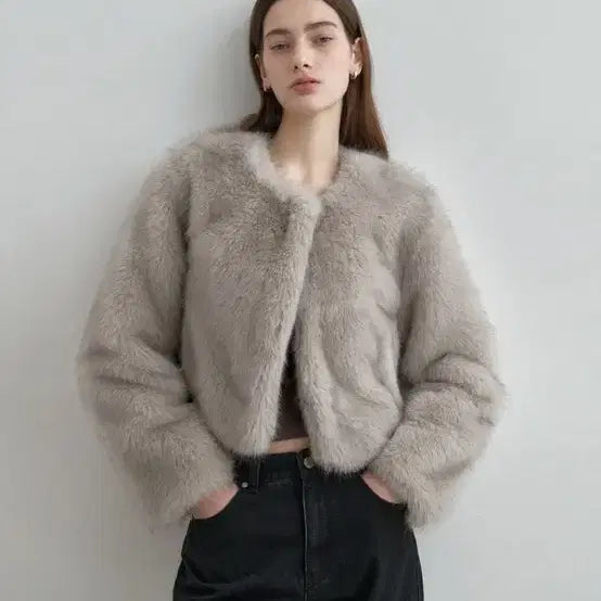 [BUNJANG] Soft Fur Crop Jacket Light Grey / 몽돌 소프트 퍼 크롭 자켓 라이트그레이