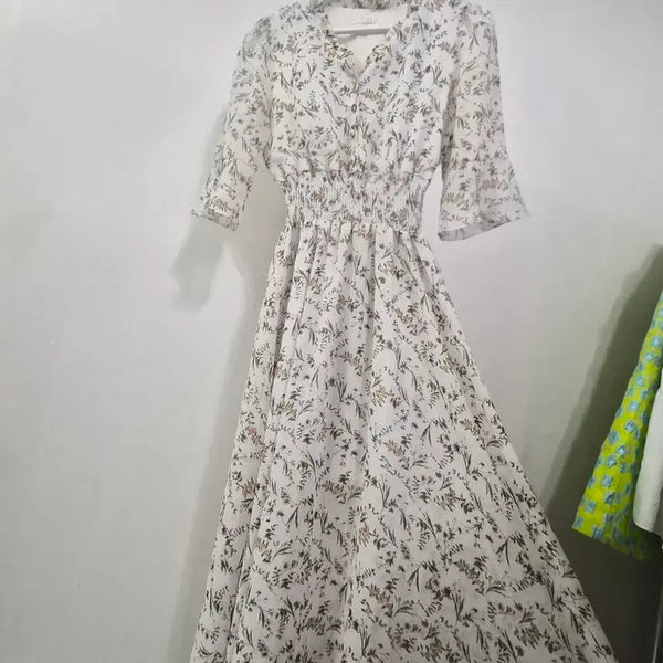 [BUNJANG] Ivory Flower Pattern Chiffon Flare Long Dress / 롱 원피스 아이보리 플라워 패턴 쉬폰 플레어
