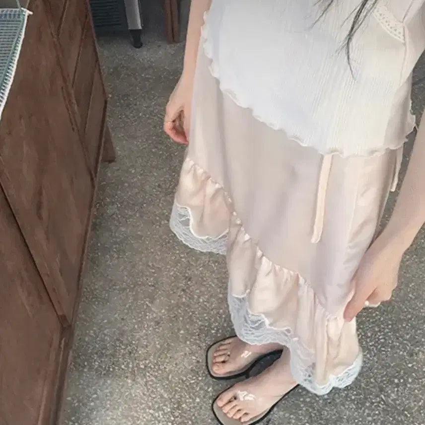 [BUNJANG] Daily Market Silk Lace Frill Midi Skirt / 데일리마켓 실크 레이스 프릴 미디 스커트 치마 / 모리걸아오이유우하구미