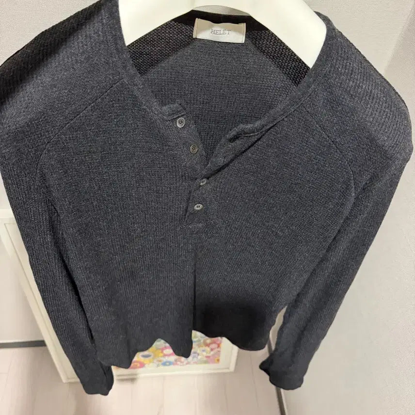 [BUNJANG] Hellet Henley Neck Long Sleeve T-Shirt Dark Grey L / 헬렛 헨리넥 다크그레이 L