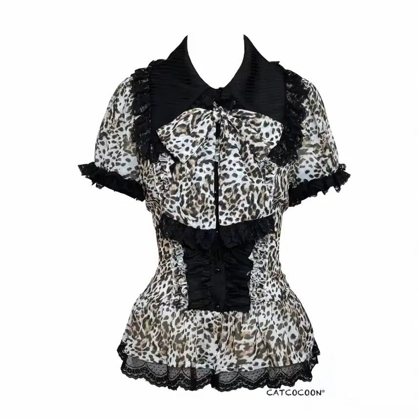 [BUNJANG] Catcoon Leopard Lace Blouse Shirt / 캣코쿤 블라우스 레이스 셔츠 호피 갸루 로리타