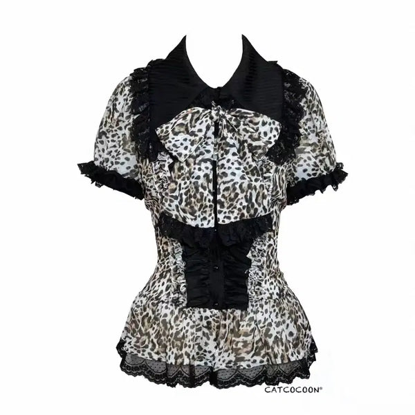 [BUNJANG] Catcoon Leopard Lace Blouse Shirt / 캣코쿤 블라우스 레이스 셔츠 호피 갸루 로리타