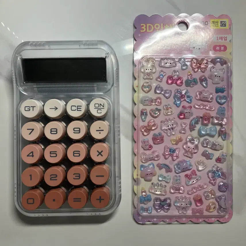 [BUNJANG] Transparent Calculator + Daiso Bonbon Drop Sticker Ribbon (Unsealed) / 투명 계산기 + 다이소 봉봉드롭 스티커 리본 미개봉 새상품