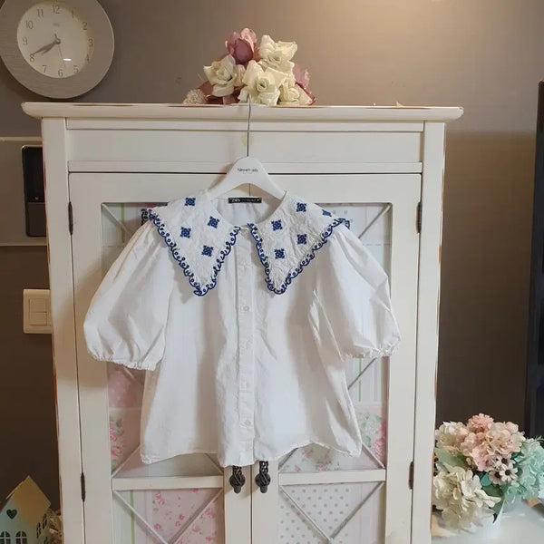 [BUNJANG] Zara White Embroidered Blouse Puff Sleeve / 자라 블라우스/55~66
