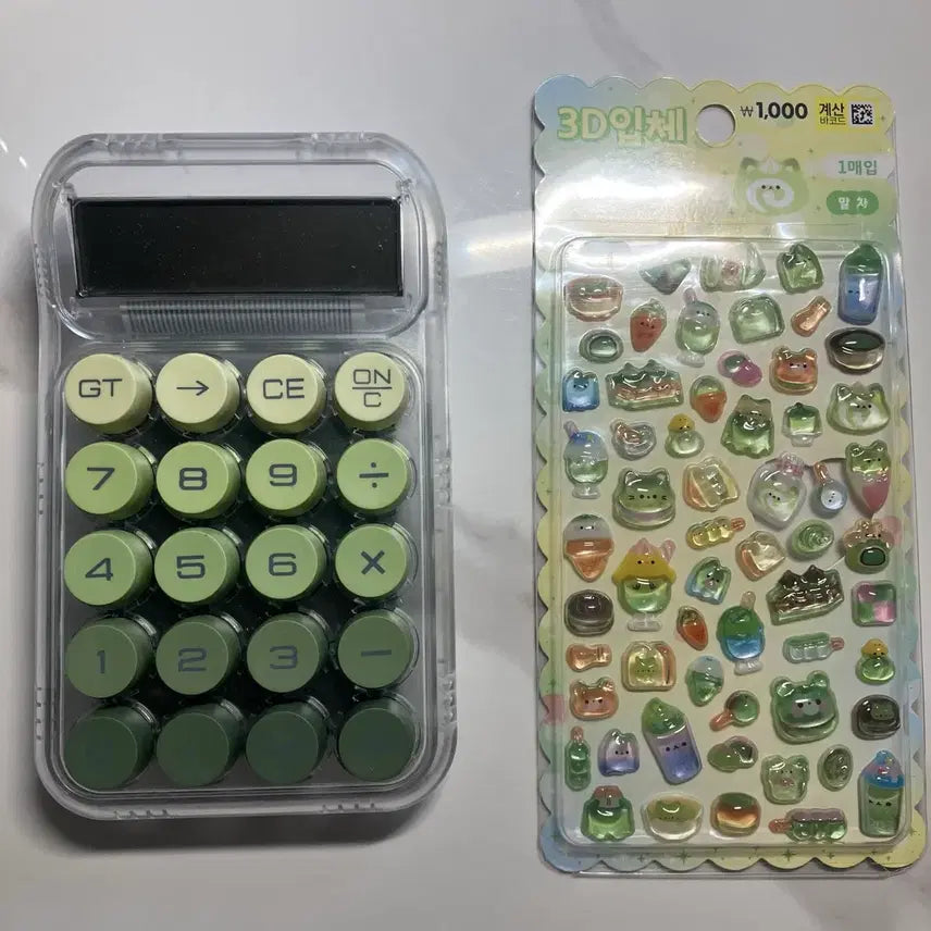 [BUNJANG] Transparent Calculator + Bong Bong Drop Sticker Matcha (Sealed) / 투명 계산기 + 다이소 봉봉드롭 스티커 말차 미개봉 새상품