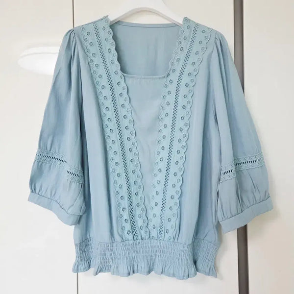 [BUNJANG] Sky Blue Perforated Blouse / 하늘색 펀칭 블라우스