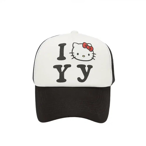 [BUNJANG] OPEN YY x Hello Kitty Trucker Cap Black / 오픈 Yy x 헬로 키티 트러커캡 블랙