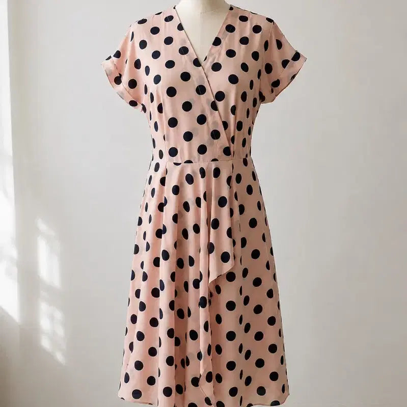 [BUNJANG] SATIN Pink Navy Dot Flare Dress / SATIN 핑크 도트 원피스