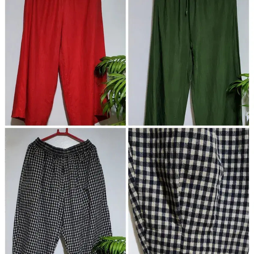 [BUNJANG] Linen Wide Banding Pants (Red/Green/Checkered) / 린넨 와이드 밴딩 바지 (레드/그린/체크)
