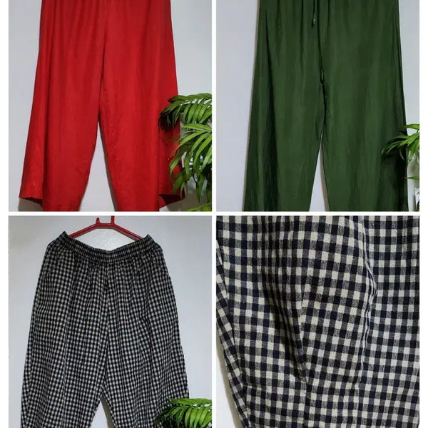 [BUNJANG] Linen Wide Banding Pants (Red/Green/Checkered) / 린넨 와이드 밴딩 바지 (레드/그린/체크)