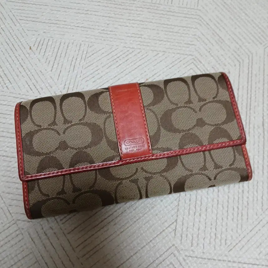 [BUNJANG] Coach Signature Pattern Long Wallet Brown Red / 코치 시그니처 패턴 여성 장지갑 브라운 레드