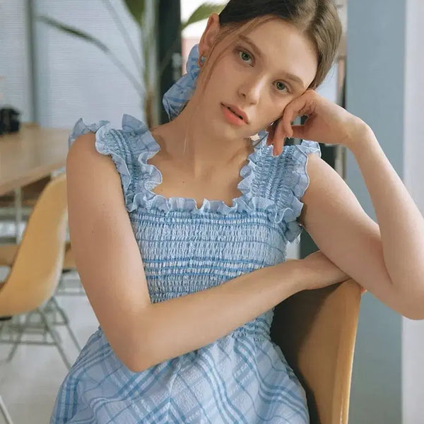 [BUNJANG] IAIA Lina Smocking Sleeveless Dress L/Blue / 아이아이 스모킹 원피스 SMOCKING SLEEVELESS DRESS