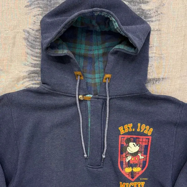 [BUNJANG] 90s Mickey Unlimited Half-Zip Tartan Lined Hoodie / 66) 90s 미키 언리미티드 하프집 타탄체크 안감 후드티