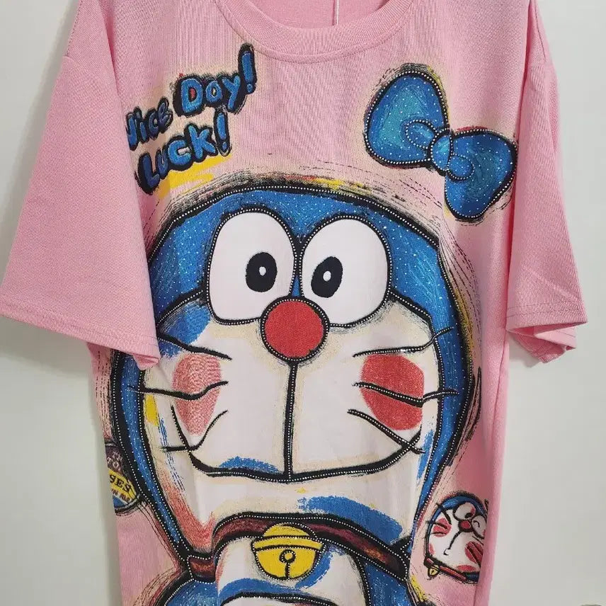 [BUNJANG] Doraemon Cubic Oversized T-Shirt - Pink / 도라에몽 캐릭터 핑크 빅사이즈 오버핏 큐빅반팔티셔츠<새상품>가격내림x