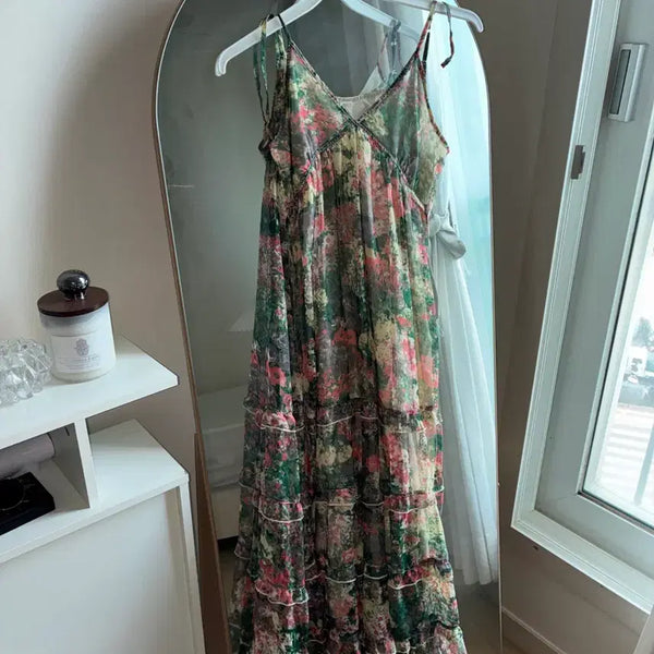 [BUNJANG] Vintage Chiffon Floral Long Dress / 빈티지 쉬폰 플라워 롱 원피스