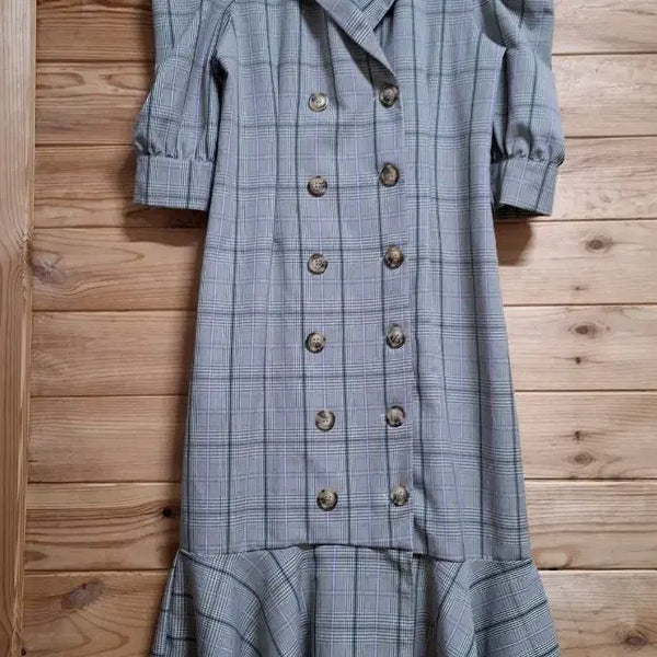 [BUNJANG] Puff Sleeve Double Button Check Long Dress / 퍼프 소매 더블 버튼 체크 롱 원피스