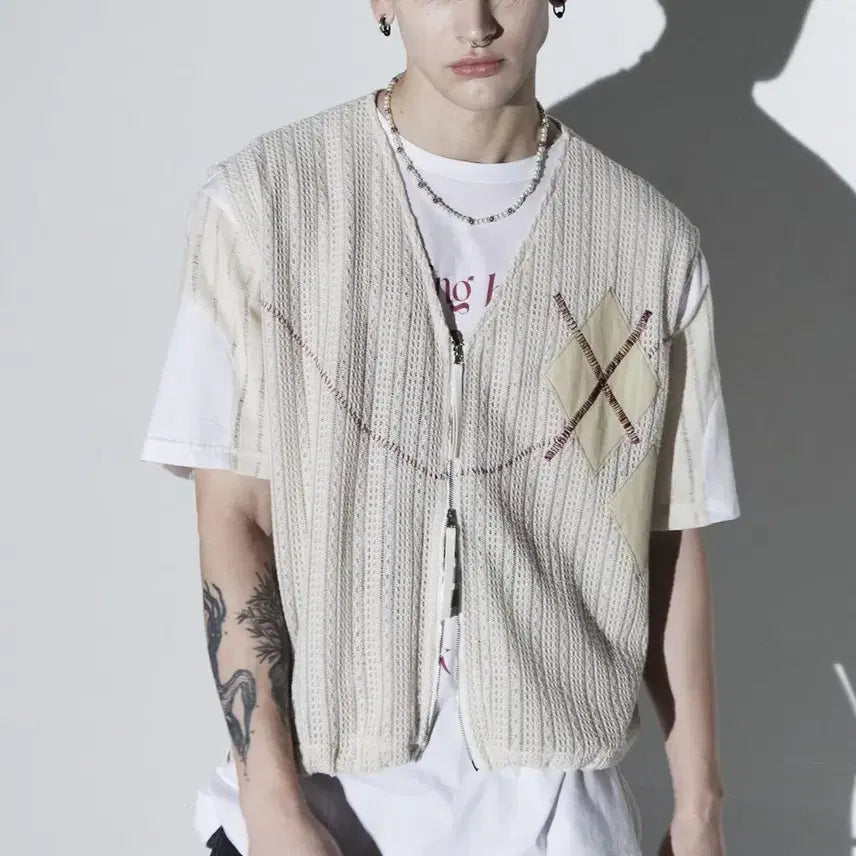 [BUNJANG] RSSC Argyle & Stitch Knit Zip-Up Vest / 알에스에스씨(RSSC)아가일&스티치 니트 집업 베스트