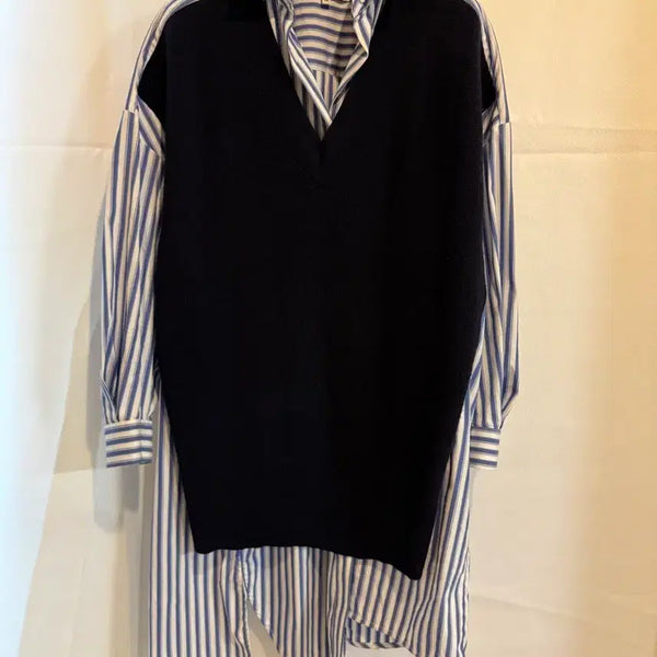 [BUNJANG] ENFÖLD Blue Stripe Shirt with Navy Knit Vest / 엔폴드