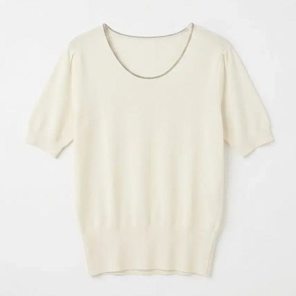 [BUNJANG] Women's Cream Short-Sleeve Knit with Cubic Chain Detail / 여성F/ 큐빅 넥 크림색 반팔 니트 빈티지킹