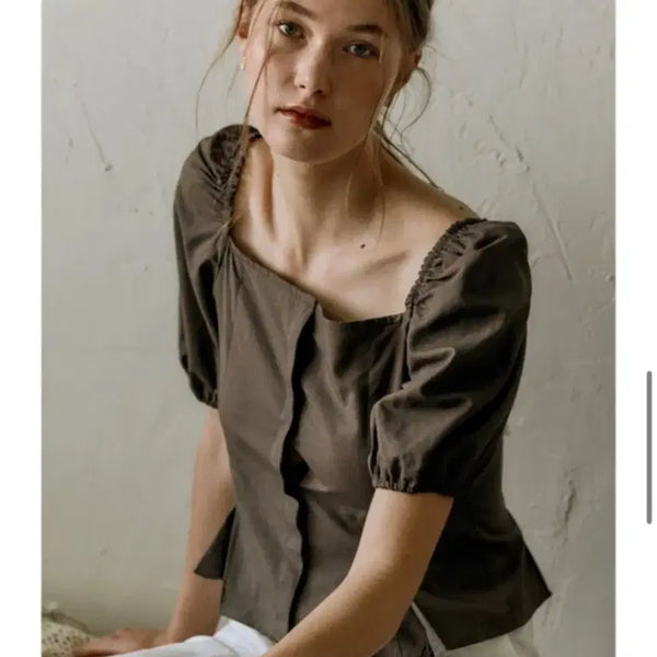 [BUNJANG] Hacie Bustier Puff-Sleeve Top Chocolate Size S / HACIE BUSTIER PUFF-SLEEVE TOP 초콜릿 S사이즈