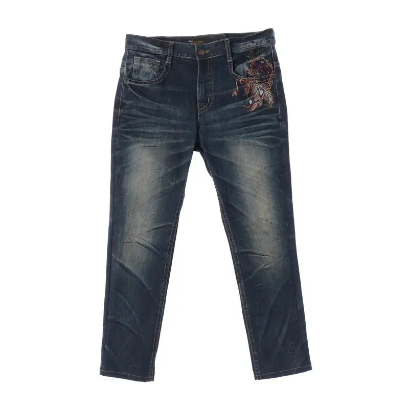 [BUNJANG] CLOUD 72 Embroidered Patch Biker Straight Leg Jeans - Size 36 / CLOUD 72 바이커 자수 패치 스트레이트 진 36