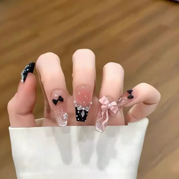 [BUNJANG] Black Ribbon Pearl Glitter Nail Tips / 블랙 리본 진주 글리터 네일팁