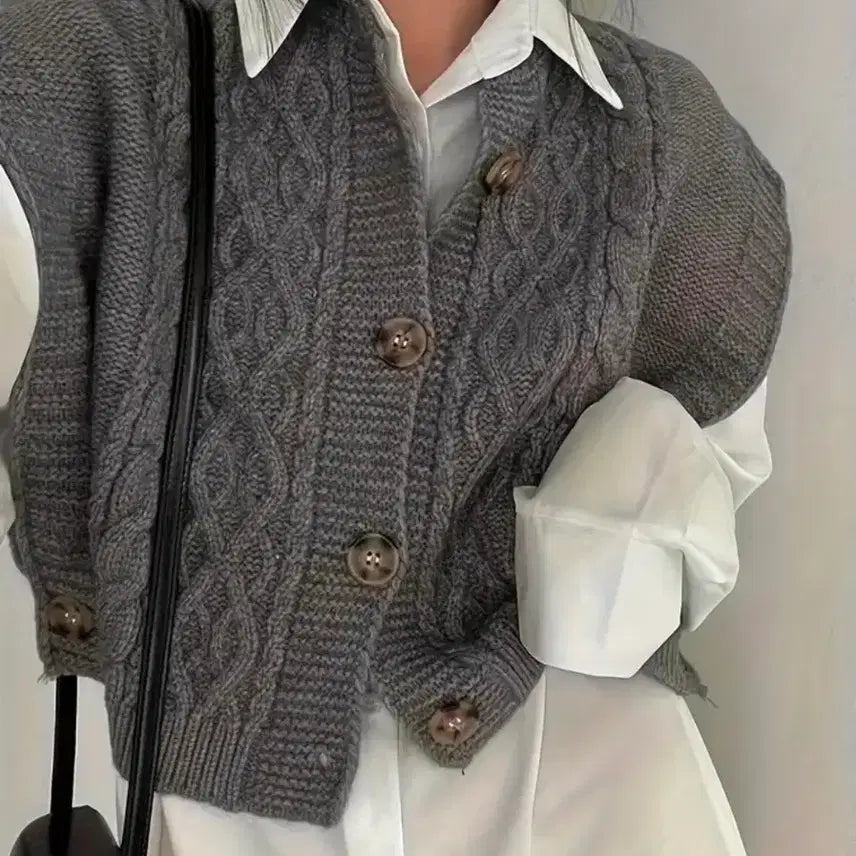 [BUNJANG] Cable Knit Button Vest Gray / [일반택포값] 에이블리 니트 조끼 회색 꽈배기 단추
