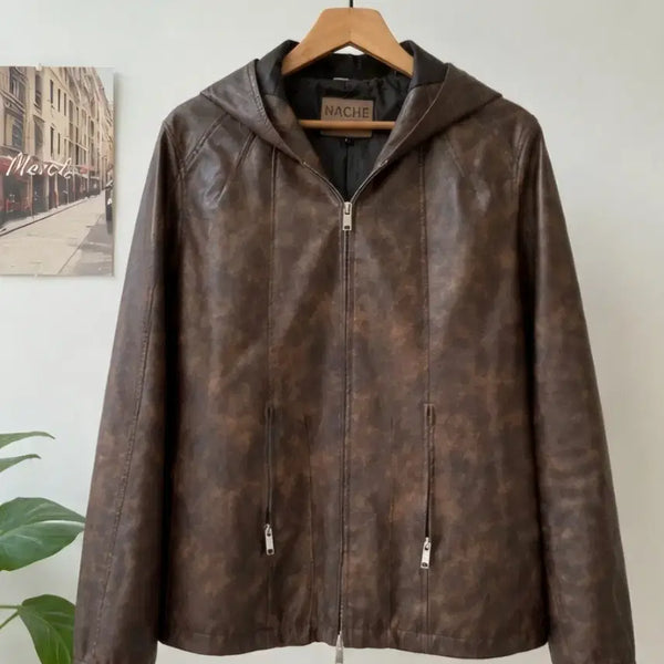 [BUNJANG] NACHE Brown Leather Hooded Jacket / NACHE 브라운 레더 후드 자켓