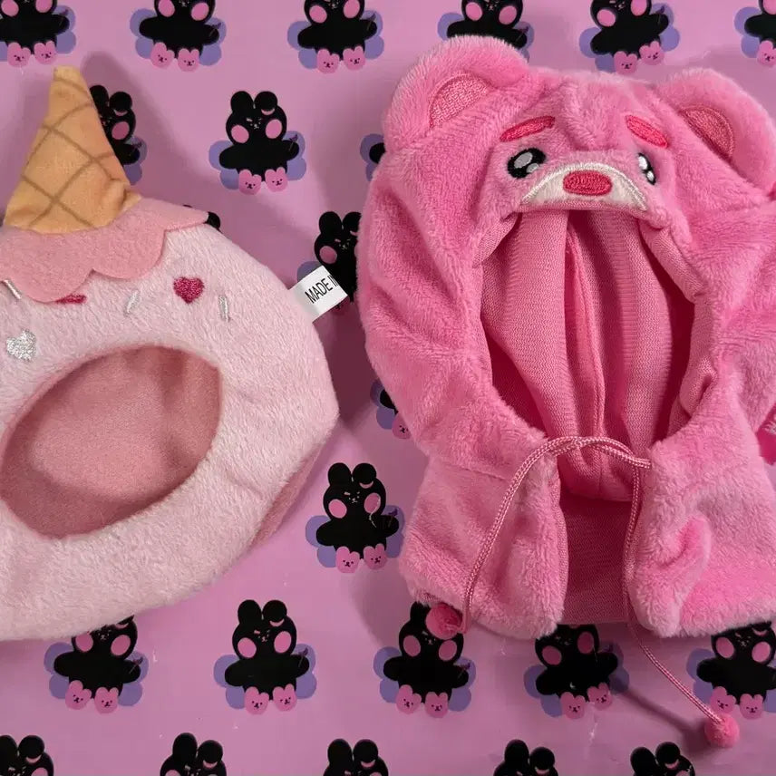 [BUNJANG] Bellygom Pink Bear Hoodie + Ice Cream Hat Set / (10cm 인형옷) 벨리곰 핑크 곰돌이 후드 + 아이스크림 모자