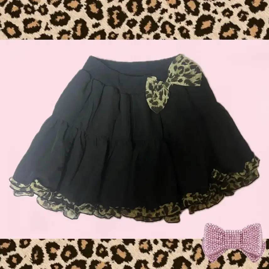 [BUNJANG] Gyaru Leopard Mini Skirt with Ribbon Detail / 갸루 블랙 캉캉 미니 스커트 레오파드 리본 오네갸루 베메클깔