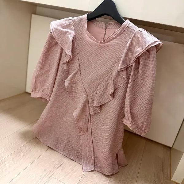 [BUNJANG] SJSJ 21ss Gingham Check Ruffle Collar Blouse Pink / 21ss 한섬 SJSJ 러플 카라 체크 블라우스 핑크 5부 퍼프소매 프릴 깅엄 잔체크