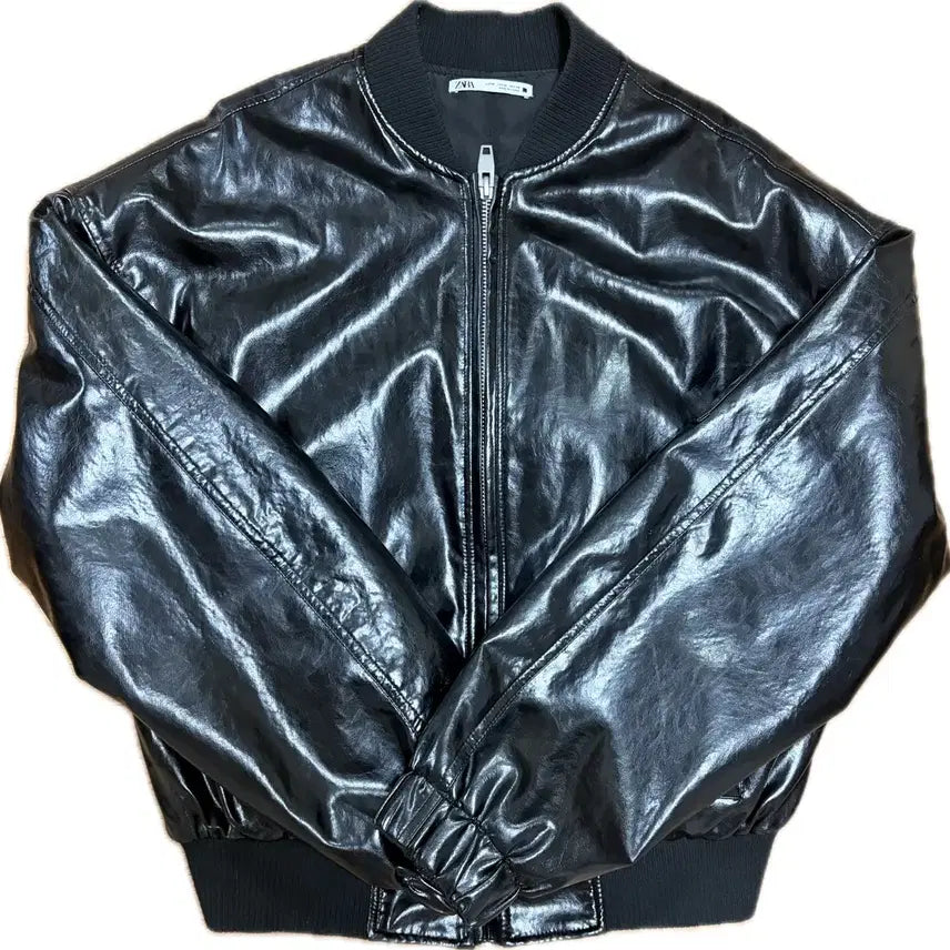 [BUNJANG] Zara Black Vegan Leather Bomber Jacket (Padded) / Zara 블랙 레더 봄버 자켓 (패딩)