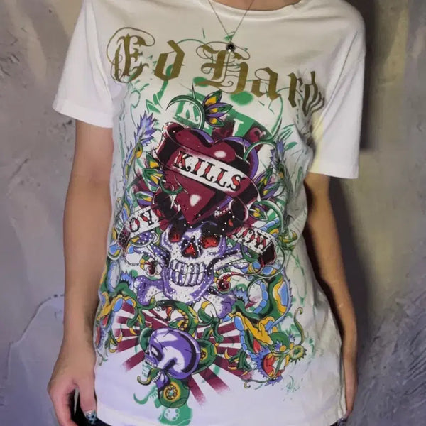 [BUNJANG] Ed Hardy Cubic Graphic T-Shirt White XL / 에드하디 큐빅 그래픽 반팔티 화이트