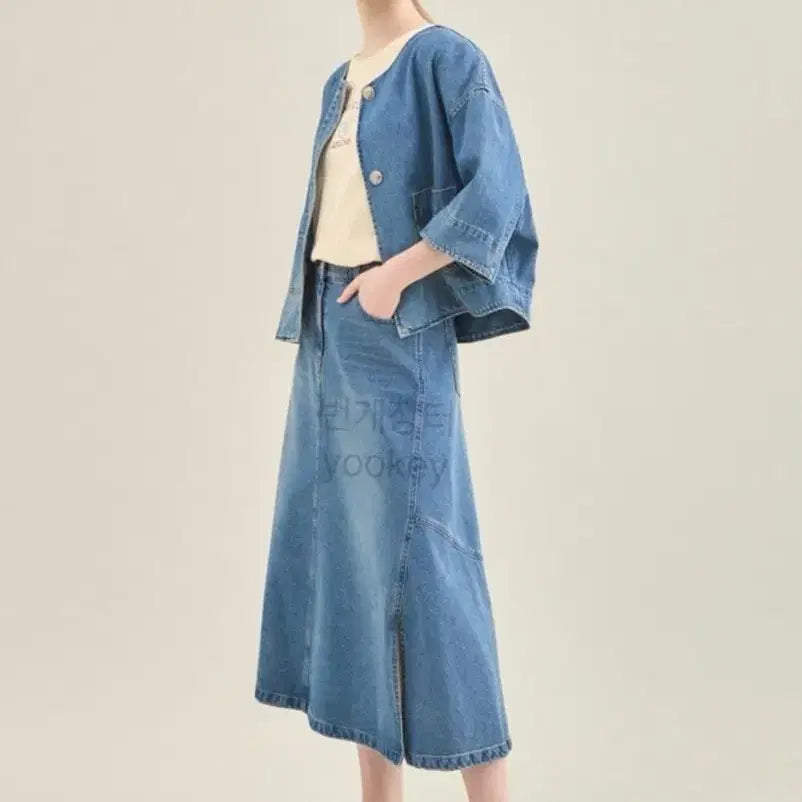 [BUNJANG] SJSJ Washed Denim Slit Long Skirt (Medium Blue) / 23년 한섬 SJSJ 워싱 데님 슬릿 스커트 트임 롱치마 A라인 플레어 중청