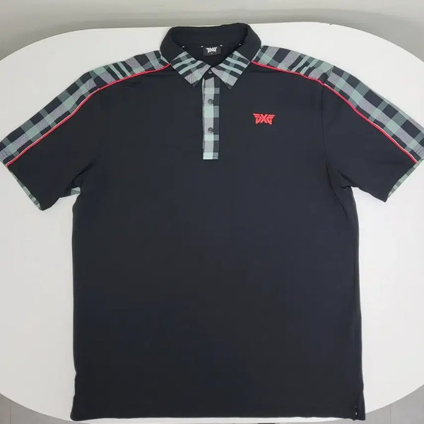 [BUNJANG] PXG Golf Wear Black Checkered Color Block Polo Shirt / PXG 골프웨어  카라티 블랙 체크 배색115